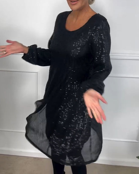 Robe trapèze élégante à manches lanternes et paillettes