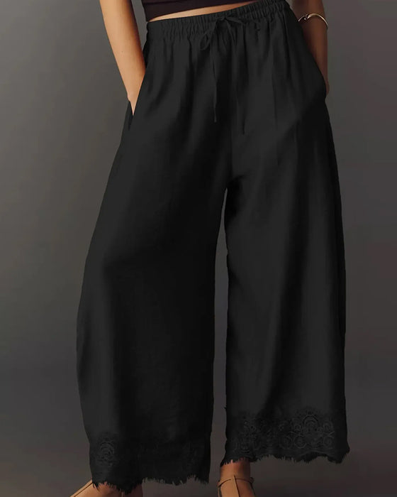 Pantalon Taille Élastique Panneau Dentelle Décontracté