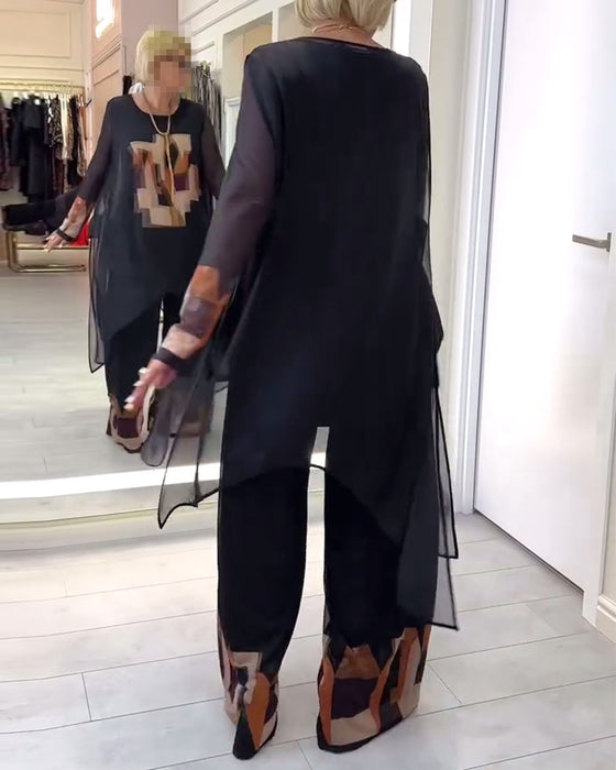 Costume Élégant À Manches Longues Imprimé Jambes Larges