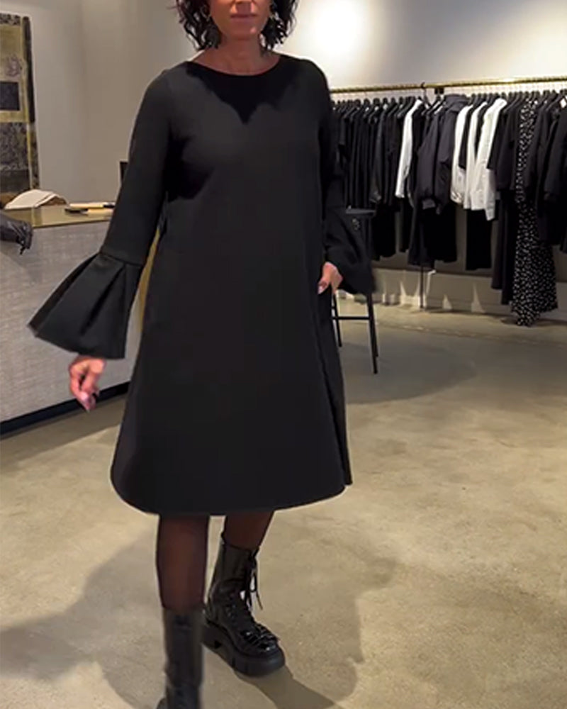 Robe Uni Manche Évasée Froncé