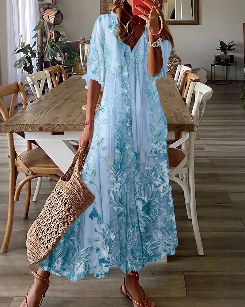 Robe Col En V Fleurie Volant Jupe Ample
