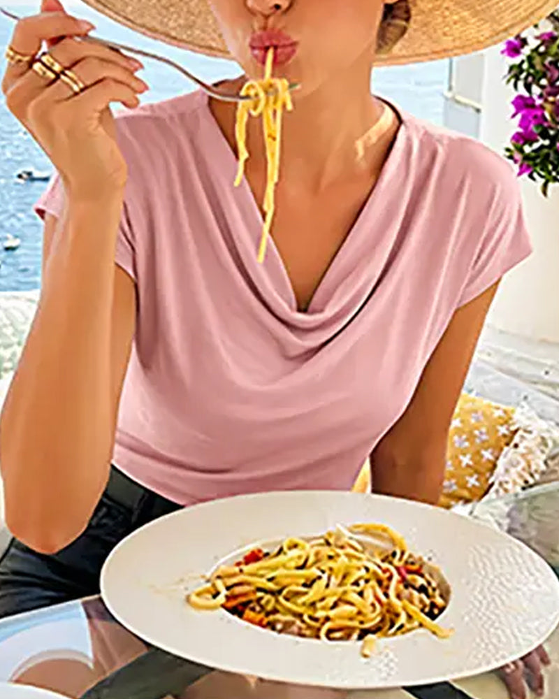 T-Shirt Col Cloche Drapé Manches Courtes