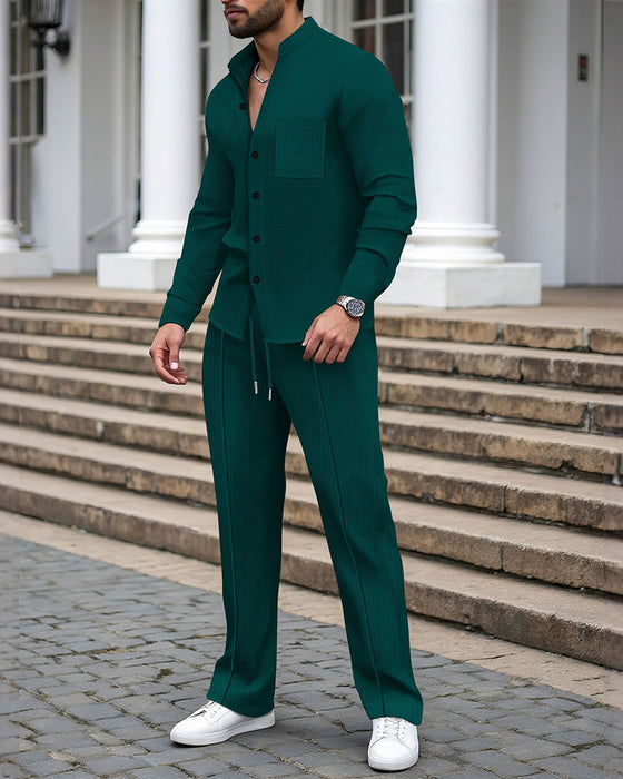 Ensemble Homme Deux Pièces Décontracté Gaufré Chemise Pantalon