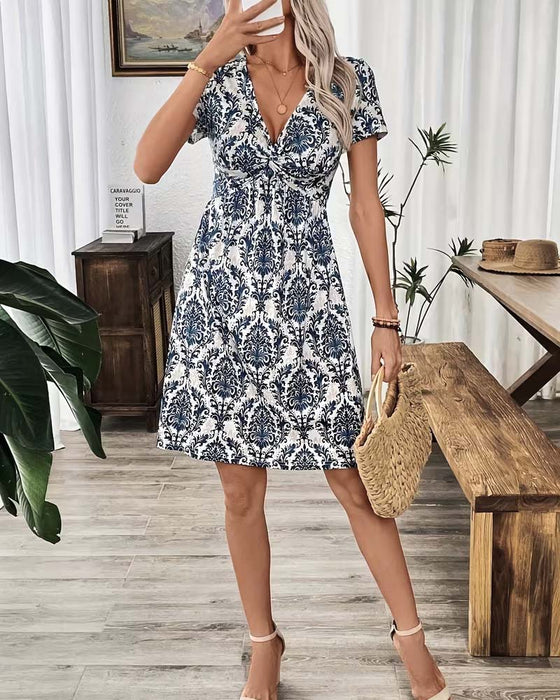 Robe Col En V Froncée Taille Haute Bohémienne