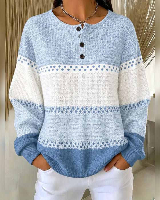 Sweatshirt Bloc De Couleur Tricot Gaufré Henley Pullover