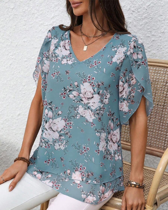 Blouse Manches Pétales Col En V Imprimée