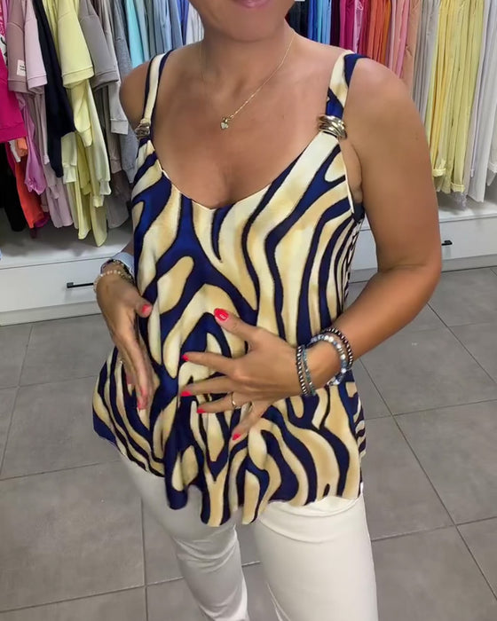 Blouse Col En V Bretelles Zèbre Imprimé Bouton Métallique