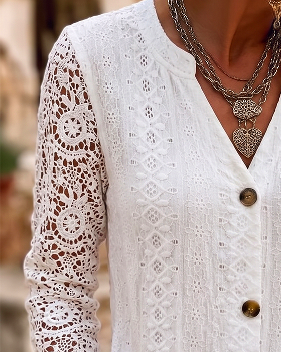 Blouse Col V Dentelle Bouton Unie
