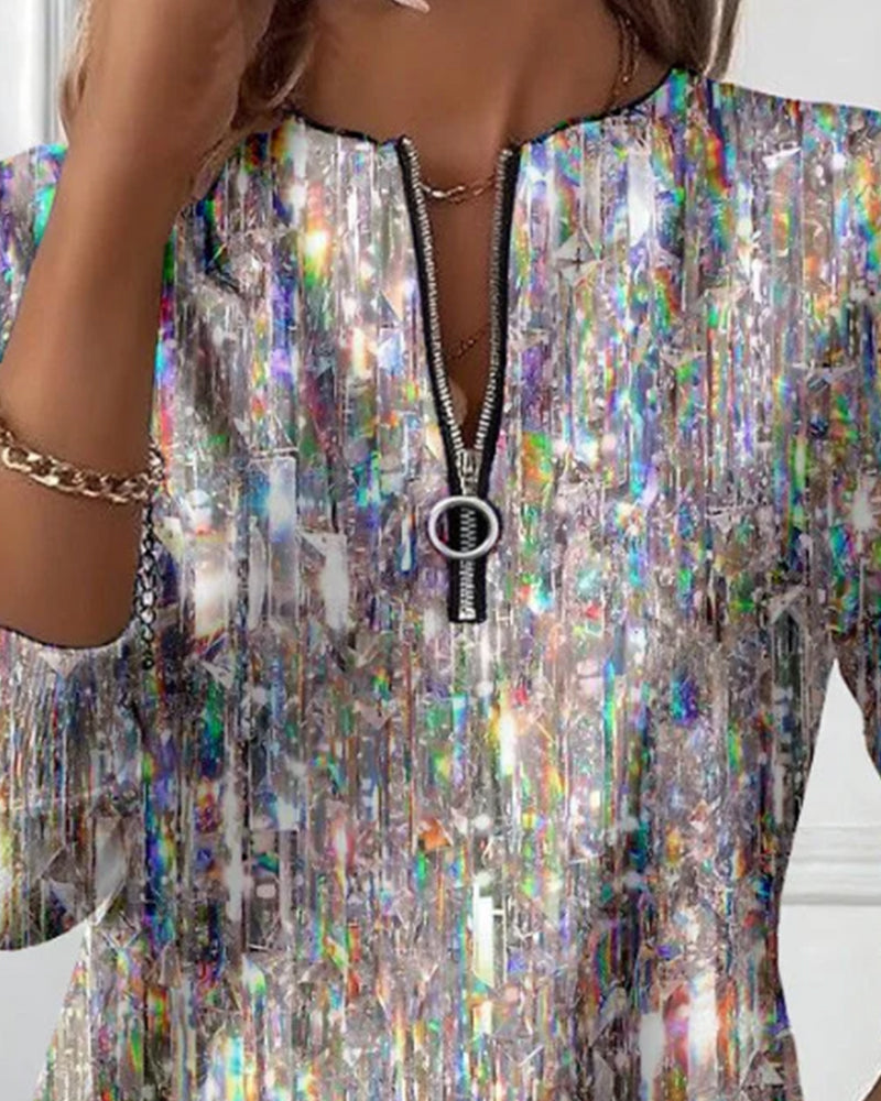 Sweat Imprimé Manches Longues À Demi-Fermeture