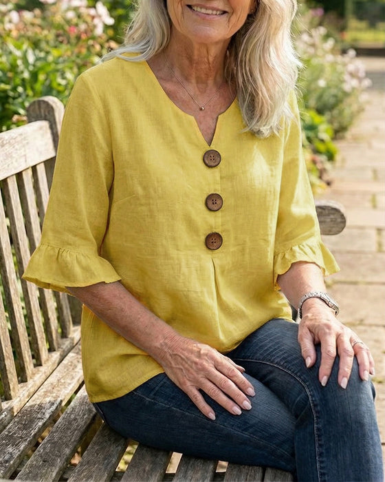 Blouses Unies Coton-Lin Boutons En Bois Volants