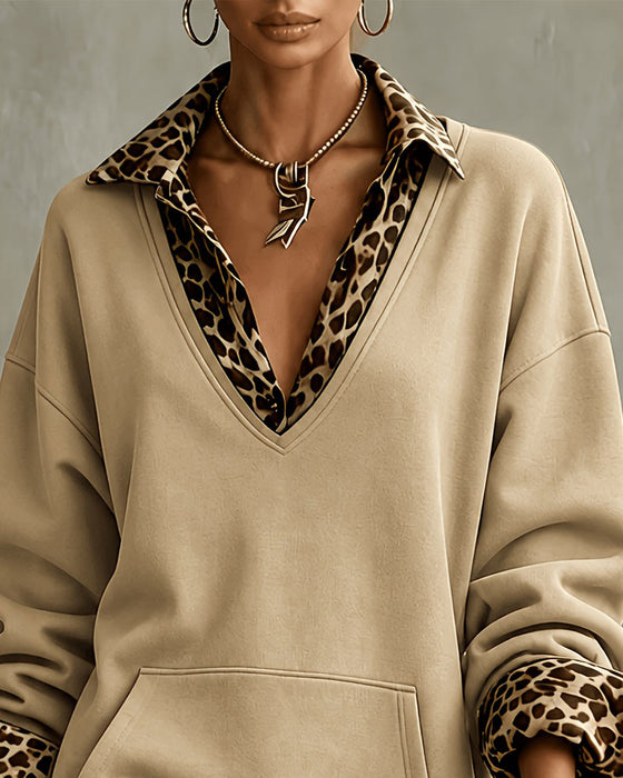Robe Col En V Imprimé Léopard Sweatshirt