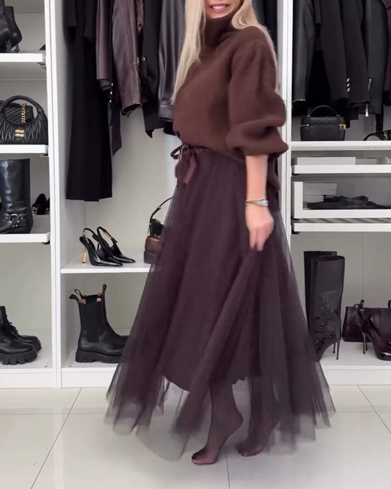 Jupe plissée décontractée à lacets en maille de couleur unie