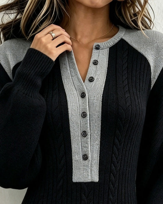 Robe Pull Col V Boutonné Contraste