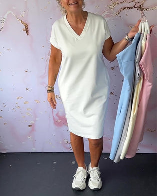 Robe à manches courtes et col en V de couleur unie