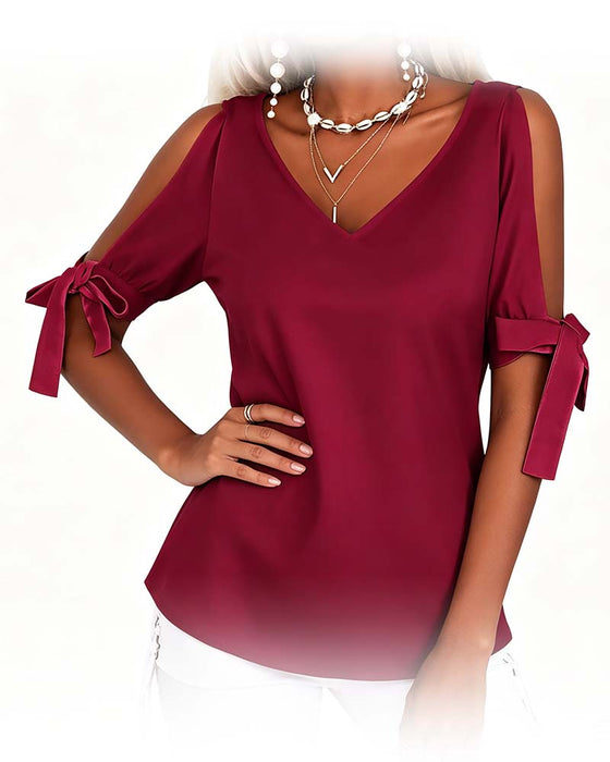 Blouse Col En V Cold Shoulder Nœud Papillon Unie