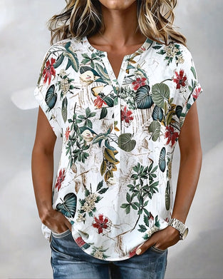 Blouse Col En V Imprimé Botanique Décontractée