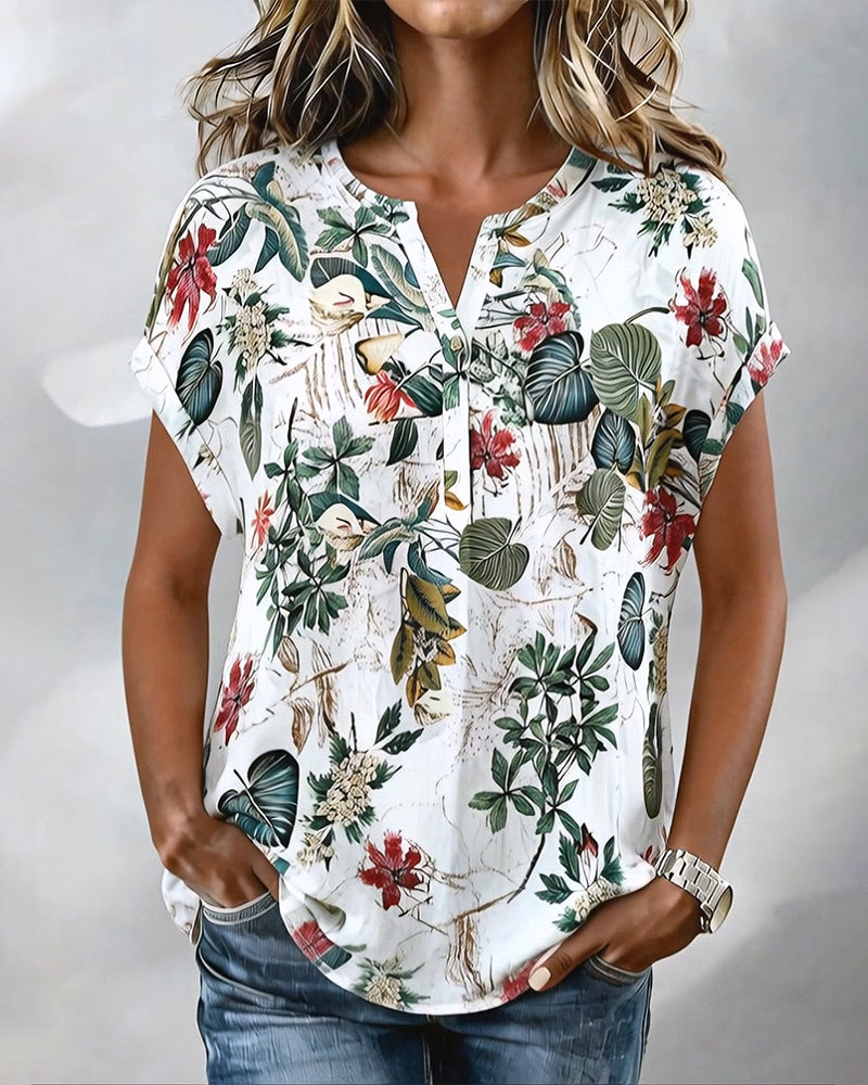 Blouse Col En V Imprimé Botanique Décontractée