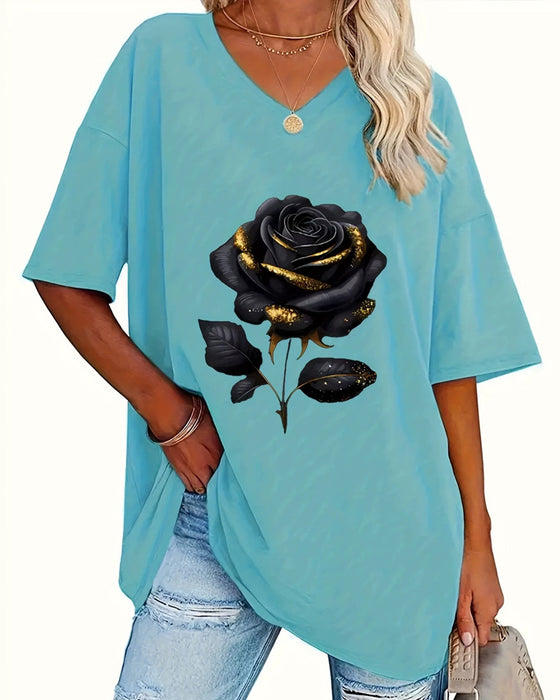 T-Shirt Imprimé Rose Coupe Ample Demi-Manches