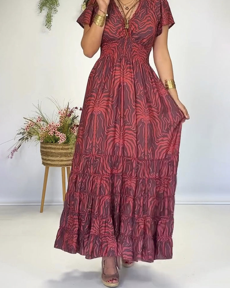 Robe Bohème Col En V Plissée Longue