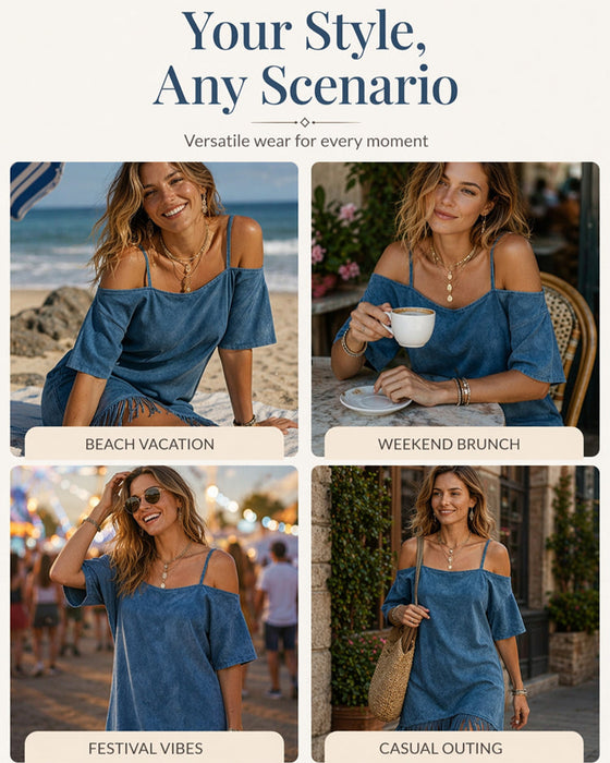 Robe Bretelle Spaghetti Frange Unie Off-Shoulder