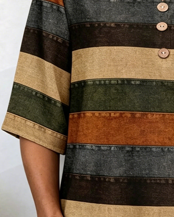 T-Shirt Bouton Patchwork Rayure Horizontale