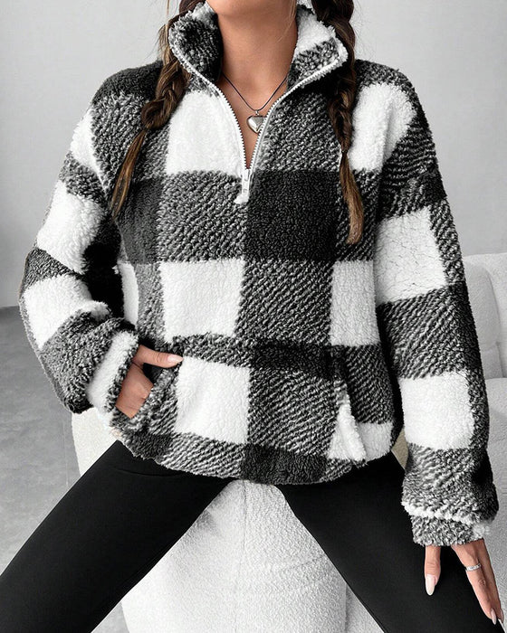 Sweat-Shirt Demi-Zip Col Montant À Carreaux