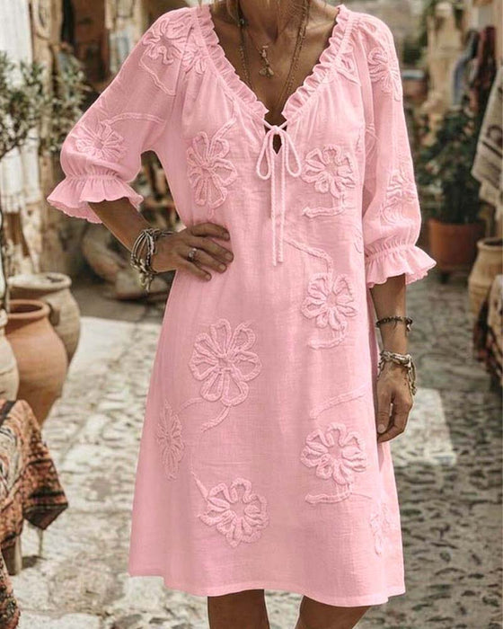Robes Col V Volant Attacher 3D Floral
