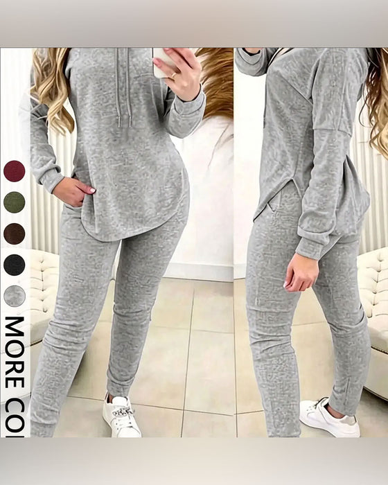Ensemble Deux Pièces À Capuche Ourlet Courbé Casual