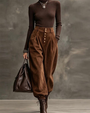 Pantalon Taille Haute Multi-Bouton Poignet Harem