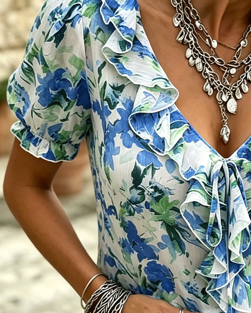 Blouse Col V Volant Manche Bouffante