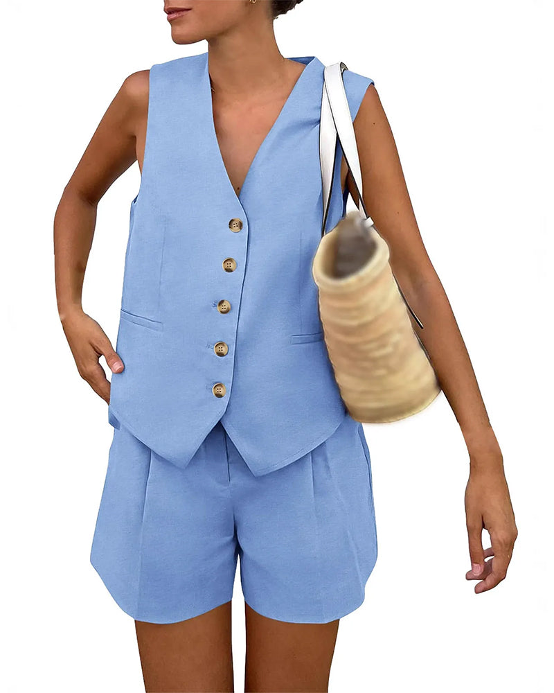 Ensemble Col En V Débardeur Simple Boutonnage Short