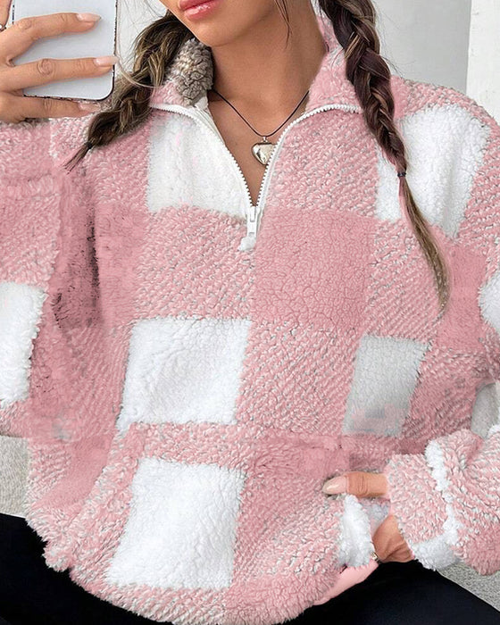 Sweat-Shirt Demi-Zip Col Montant À Carreaux