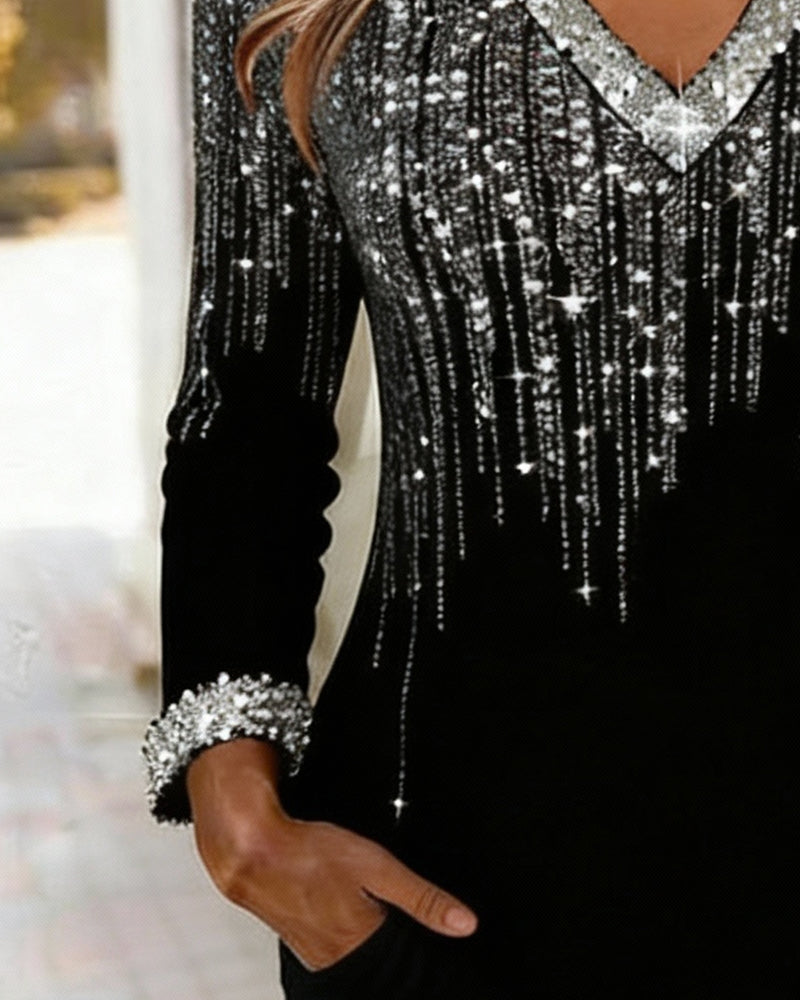 Robe Scintillant Col V Manches Longues