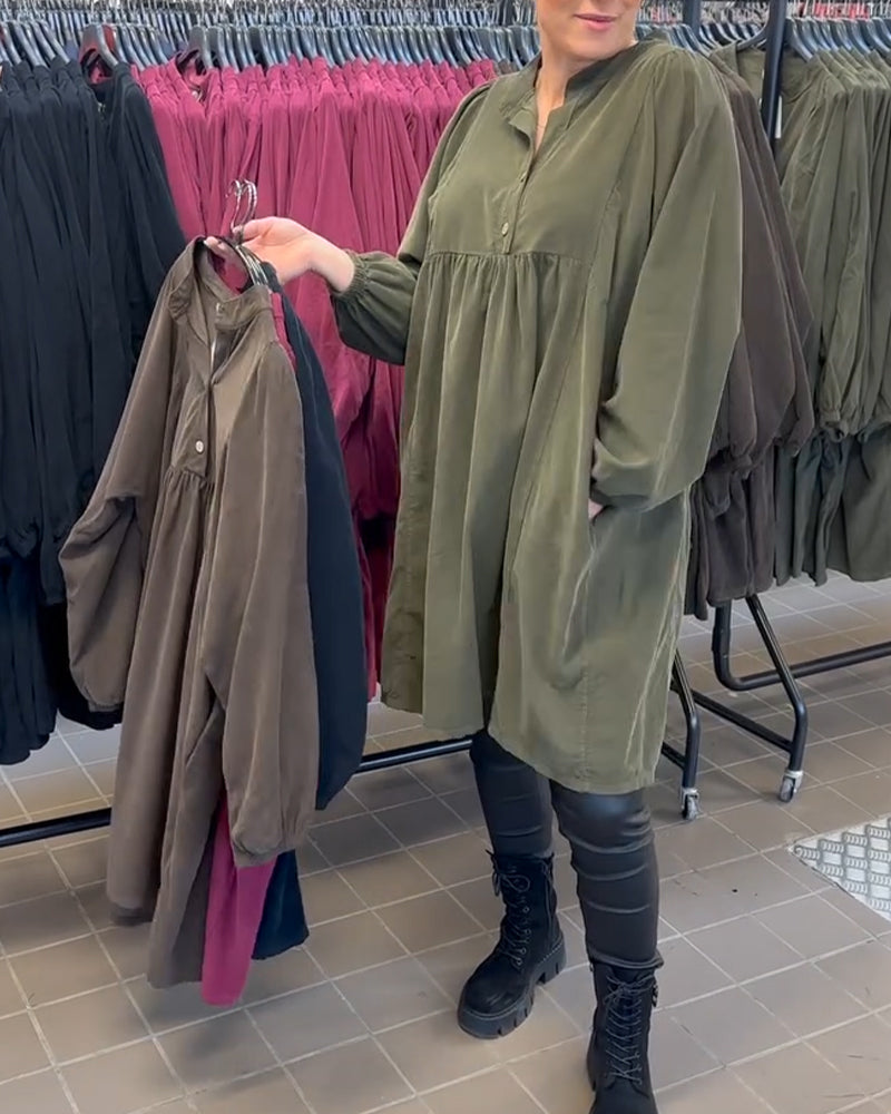 Robe Boutonnée À Col En V Et Manches Longues