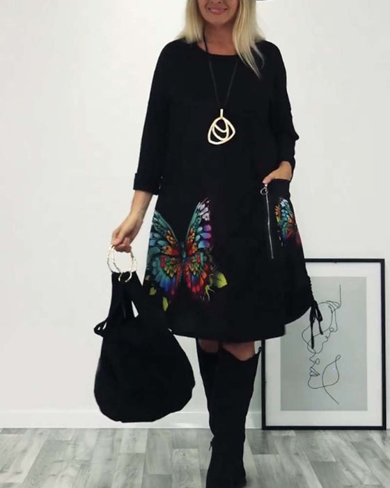 Robe à manches longues avec poche et imprimé papillon