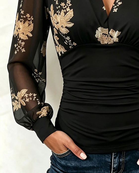 Haut Col V Maille Patchwork Imprimé