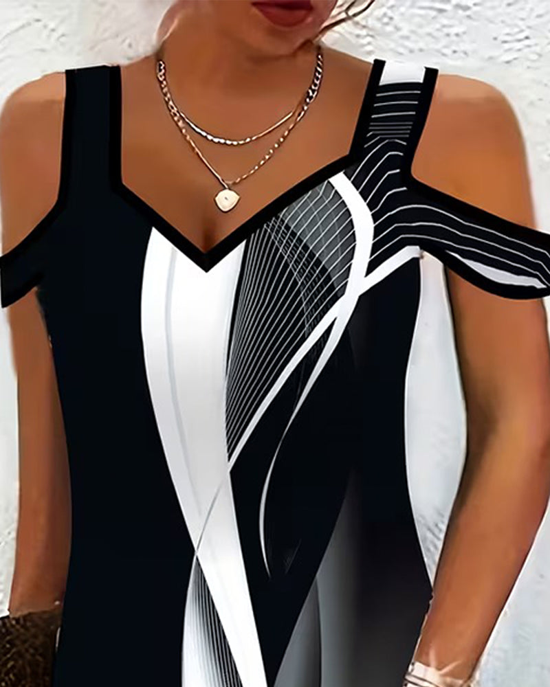 Robe Col V Épaule Dégagée Rayée Fente