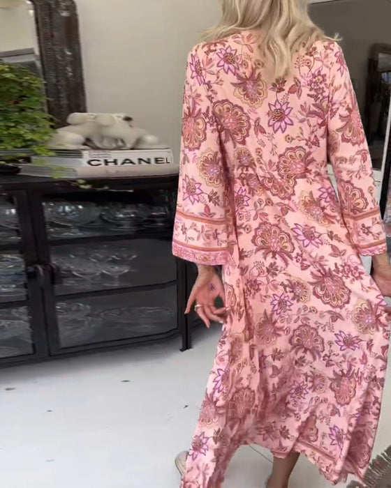 Robe élégante imprimée à col en V avec cordon de serrage et boutons