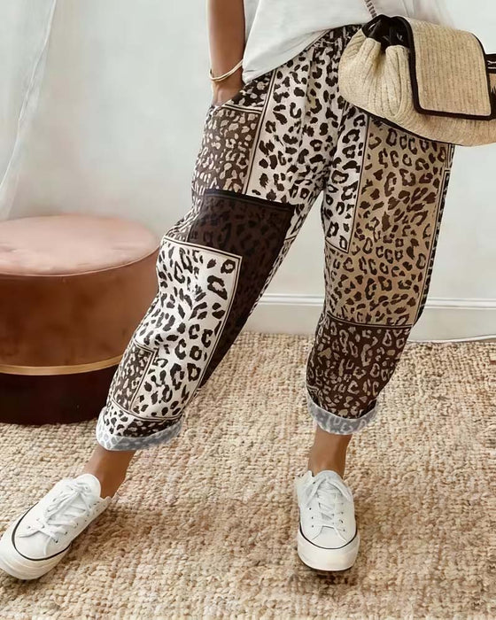 Pantalon Léopard Imprimé Carreau Contraste Patchwork Décontracté