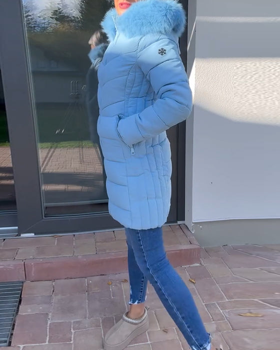 Veste matelassée décontractée à capuche avec poche zippée et couleur unie