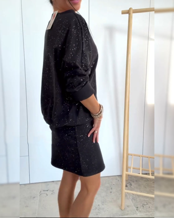 Robe Col Rond Paillettes Fines À La Mode