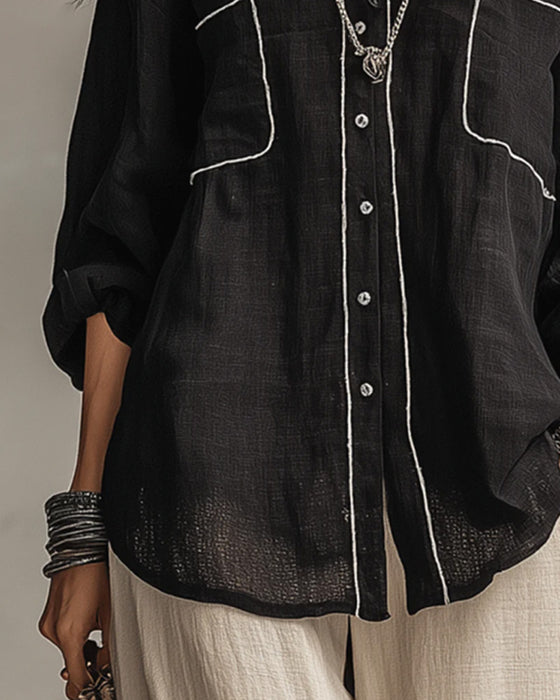 Chemise Col En V Contraste Ligne Décontractée