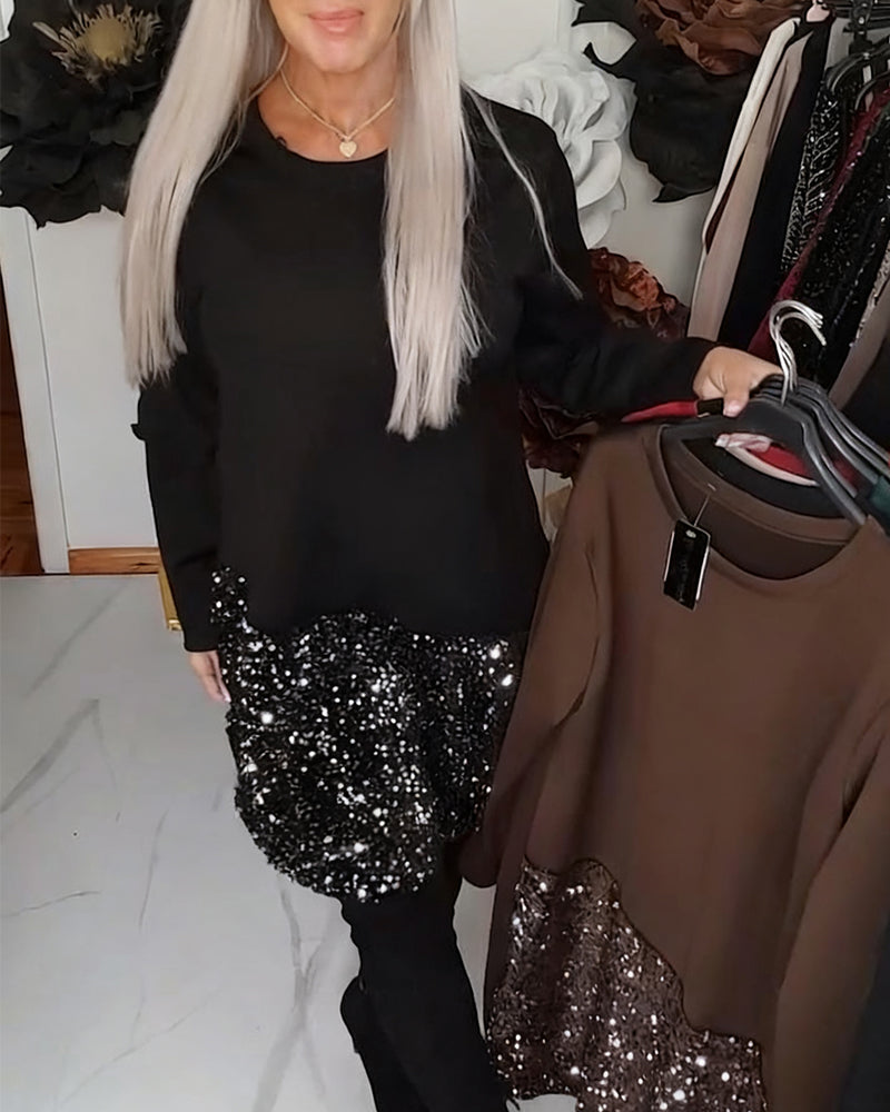 Robe Col Rond Manches Longues À Paillettes Patchwork