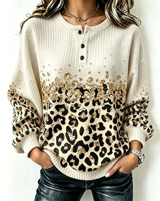 Sweatshirt Col Rond Boutonné Imprimé Léopard