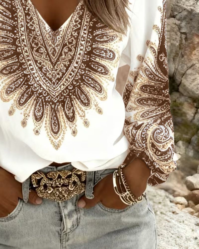 Haut À Col V Et Imprimé Rétro