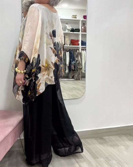 Blouse Manches Longues Irrégulière Imprimé Grandes Fleurs