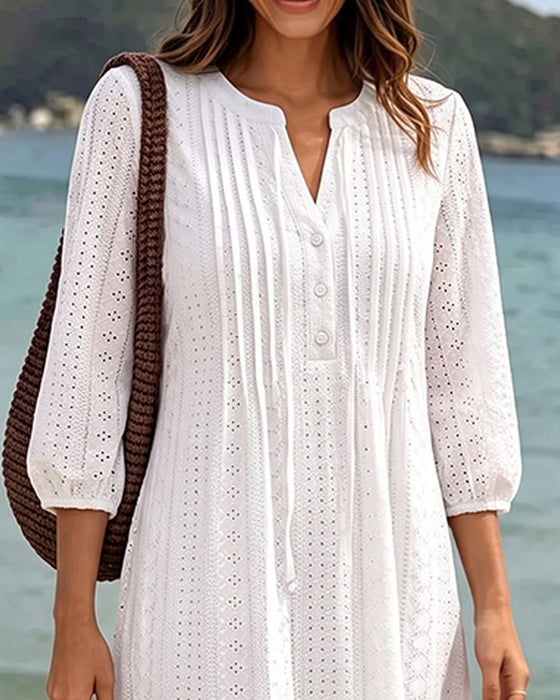 Robe Col V Plissé Découpé Uni