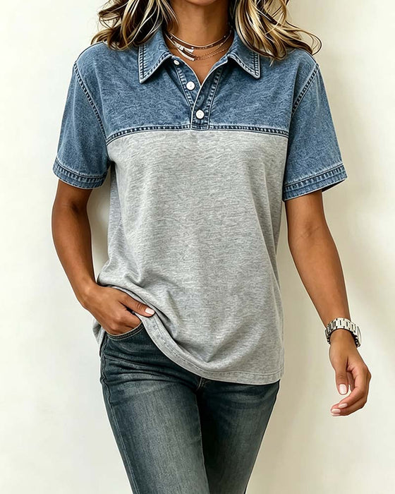 Blouse Manche Courte Col Chemise Denim Patchwork
