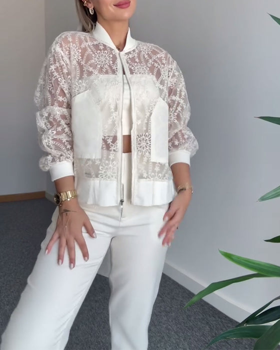 Manteau Dentelle Creuse Couleur Unie