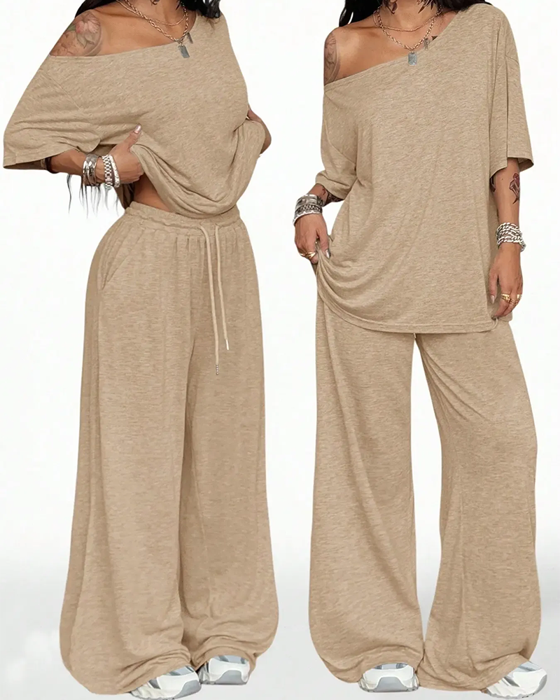 Ensemble Col Oblique Cordon De Serrage À La Taille Large Jambe Pantalon